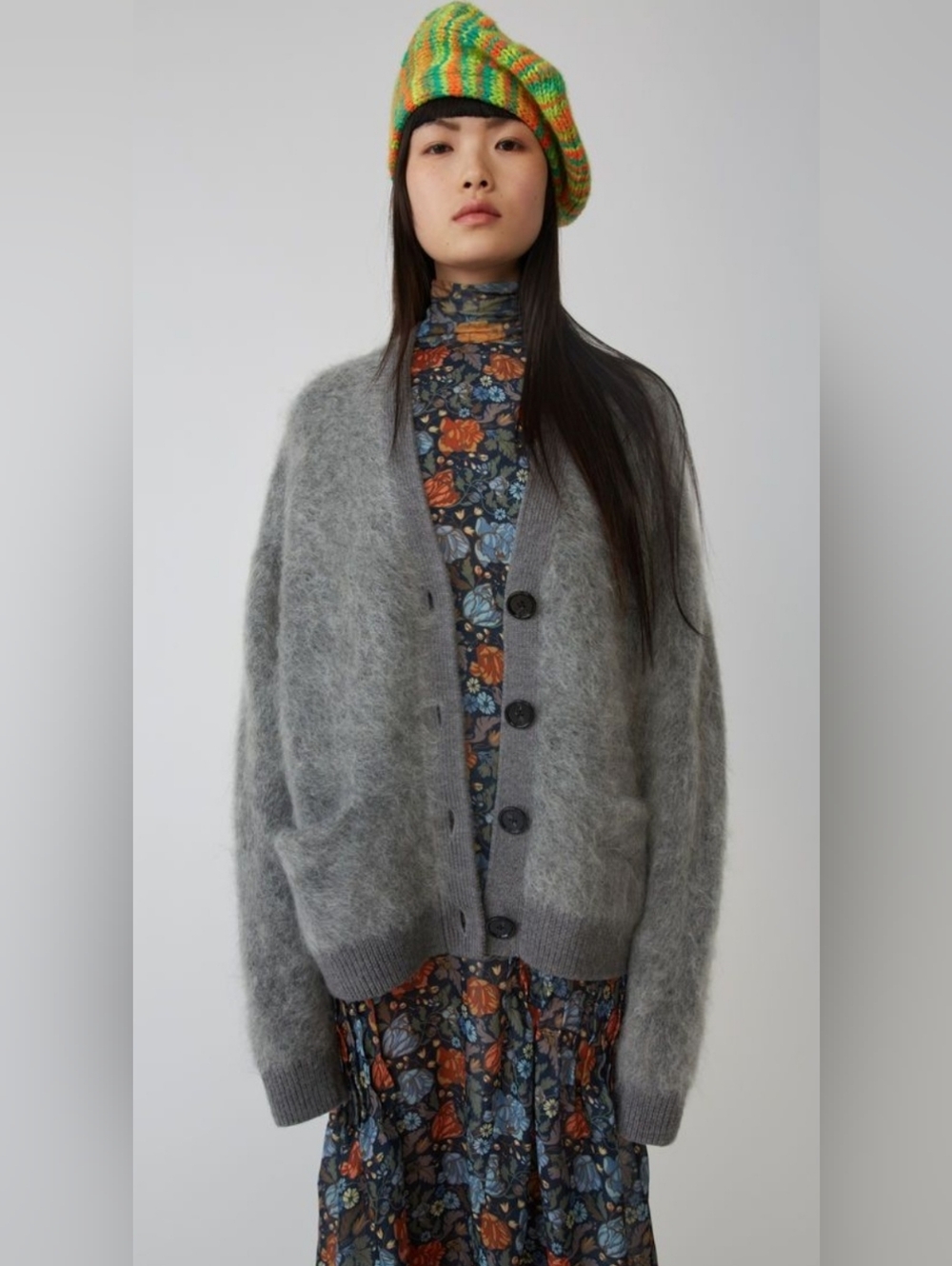 Acne Soft Gray Fuzzy Button-Front Mohair Cardigan